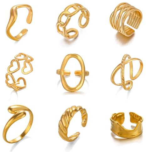Hifot 9 Piezas Anillos Mujer Oro, Irregulares Nudillos Anillos Gruesos Set, Vintage Anillo Regalos para Mujer Juego De Apilables Anillo Ajustable Bohemio