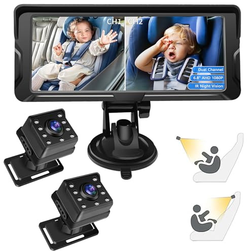 ERYUE Cámara de Coche para Seguridad Orientada hacia Atrás para Bebés, Monitor de bebé con Visión Nocturna Doble Canal 6,8 Pulgadas Padres en Movimiento