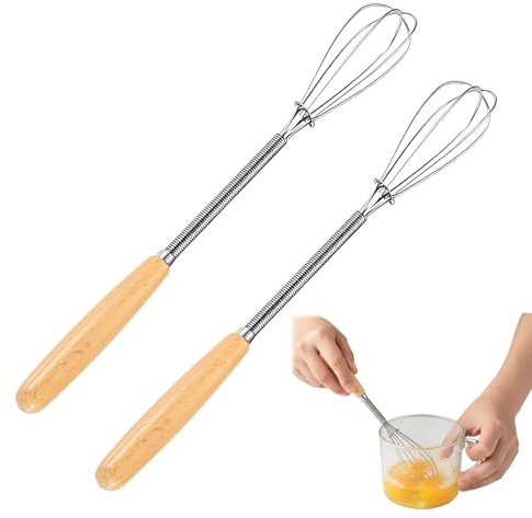NOPVUFA Batidor Manual 2 Piezas Mini Batidor de Cocina, Varillas Cocina en Acero Inoxidable con Mango Madera, para Mezclar Huevos Batir Nata, Resistente para Trabajo Cocina Diario