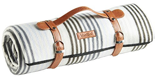 VonShef Picnic Blanket, Striped Large Outdoor Rug with Waterproof Backing, 4 Person Weatherproof Picnic Mat with Faux Leather Handle, Water Resistant Camping Accessories