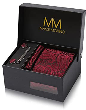 Massi Morino Krawatte Paisley Weinrot mit Einstecktuch Set Herren inkl. Manschettenknöpfe, Krawattennadel und Geschenkbox - Männer Krawattenset