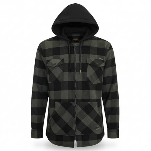 ROCK-IT Apparel Hombre Camisa de Franela de Manga Larga a Cuadros con Capucha I Camisa de Leñador con Bolsillo Delantero y Cremallera [Tallas S-5XL] Verde Oliva - Negro 4XL