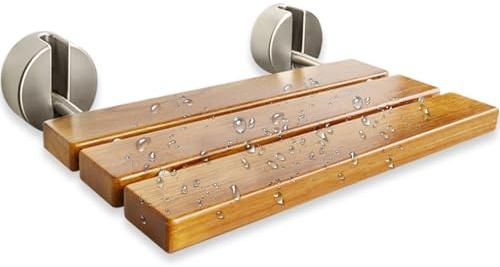 20 Inch Folding Teak Shower Bench - Wall Mounted Space-Saving Shower Seat for Elderly & Adults, Brushed Nickel Cover, 400lb Weight Capacity, Ideal for Shower