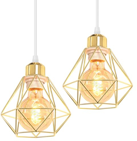 TOKIUS 2 Piezas Lámparas Colgantes Retro Diseño de Jaula de Hierro Dorado Ø 16cm Vintage Lámparas de Techo E27 Iluminación de Techo de Interior para Pasillo Salon Cocina Dormitorio (1 Foco, Oro)