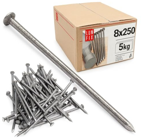 Lun Fix Chiodi in filo 8 x 250 mm - 5 kg (circa 50 pz.) Chiodi per legno per lavori di costruzione Chiodi da costruzione non zincati 250 mm di lunghezza Chiodi in acciaio a testa svasata