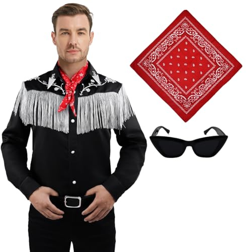 Coseaon Costume de cowboy pour homme et adulte - Tenue de cosplay avec chemise, cravate, ceinture, Halloween, carnaval - Noir (noir, taille M)