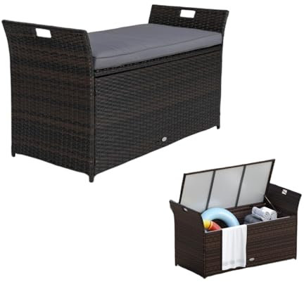 LIFEZEAL Banc Coffre de Rangement en Rotin PE, Pouf avec Coussin Amovible et Poignées Latérales, 260 L Boîte de Rangement Intérieur Extérieur, pour Jardin, Piscine, Terrasse, Cour, Chambre