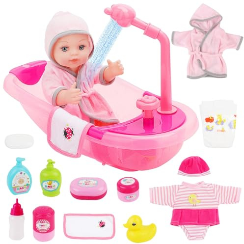 deAO Baby Doll Bath Play Set, Water Faucet Function, Baby Doll Bath Accessories Include Pink Bathtub, Doll Clothes, Diaper, Role-Play Toys, Ideal Gift for Girls Aged 3+
