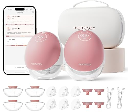 Momcozy Hands Free Breast Pump Mobile Flow | M9 Upgrade, Electric & App Control, Personalized Multi-Modes & 15 Levels, Wearable Pump Breastfeeding, 24mm (Cozy Red, 2 Count)