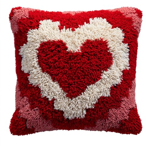 Henypt Kit de almohada de gancho de pestillo, Forma de corazón rojo patrones preimpresos, funda de almohada de costura, hilos de ganchillo, cojín de gancho 43x43cm