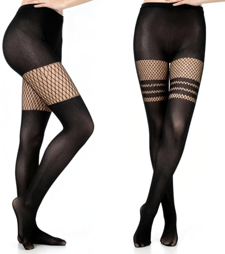 PEOVLVN 2 par strumpbyxor dam svart z ogenomskinliga med strumpbyxa midja en storlek sexig nät och randig modell för cosplay, nattklubb