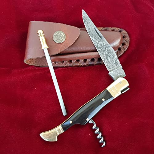 CRAFTOMATIK Damast Stahl Taschenmesser | Klappmesser Laguiole | Büffelhorn, Messing Griff mit Korkenzieher | Handgefertigt Outdoor Damastmesser Camping Messer | FK23