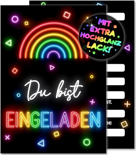 12 biglietti di invito al neon per festa di compleanno dei bambini, per ragazze e ragazzi - i biglietti luminosi e colorati sono l'invito arcobaleno per ragazzi, bambini, adolescenti, gamer