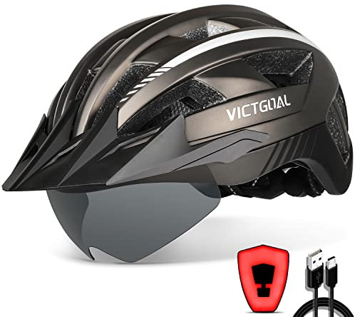 VICTGOAL Bike Helmet with USB Rechargeable Rear Light Detachable Magnetic Goggles Removable Sun Visor Mountain & Road Bicycle Helmets for Men Women Adult Cycling Helmets (L: 57-61 cm, Ti)