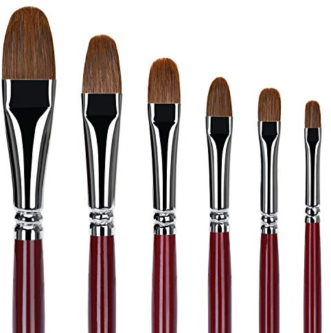 6Pcs Weasel Hair Long Handle Filbert Paint Brush Set for Acrylic, Oil, Gouche and Watercolour Painting