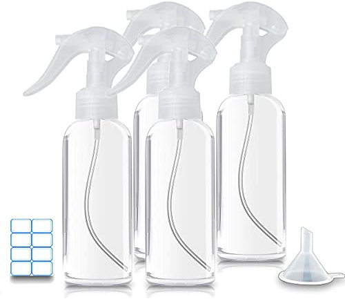 KwoKmarK Small Spray Bottles, Hair Spray Bottle 3.5oz/100ml Clear Plastic Fine Mist Travel Size Mini Empty Bottle Set Refillable Reusable Liquid Container for Essential Oils Water Squirt (4 Pack)