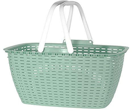 hibuy Einkaufskorb Gisi, mit Klappgriffen - Stabiler Korb aus Kunststoff mit Flechtoptik - 43 x 32 x 22 cm - Farbe Mintgrün