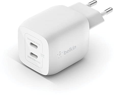 Belkin 45-W-USB-C-Ladegerät mit 2 Ports, Schnellladen mit Power Delivery 3.0 und GaN-Technologie für iPhone 16/15, Plus, Pro Max, iPad, Air, MacBook, Galaxy S24, Plus, Ultra, Tab, Pixel, usw.