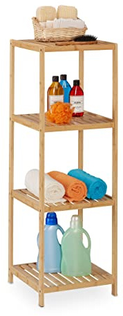 Relaxdays Badrumshylla, bambu, 4 hyllor, H x B x D: 116,5 x 38 x 39,5 cm, stående hylla för badrum och kök, fristående, natur