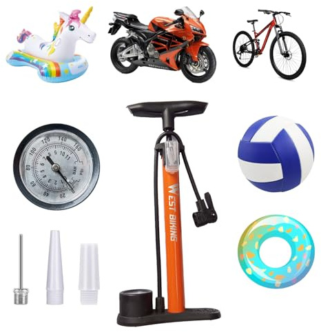 Bomba de Aire para Bicicleta para Todas Las Válvulas,Bomba de Bicicleta,Accesorios para Bicicletas, Suelo para Bicicleta,Bomba de Aire de Alta Presión, para con Aguja de Bola para Todas Las Bicicleta