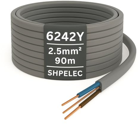 SHPELEC® 6242Y Twin and Earth Cable 2.5mm – 90m | 6242YH BASEC Approved Grey T&E | Socket & Ring Circuit Wire, Solid Copper (90 Metres, 2.5mm²)