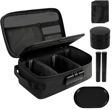 Smell Proof Bag with Combination Lock, Lewooilt Smell Proof Container Stash Box with 5 Small Resealable Baggies, 2 Doob Tube, Glass Stash Jar and Storage Tray, Black
