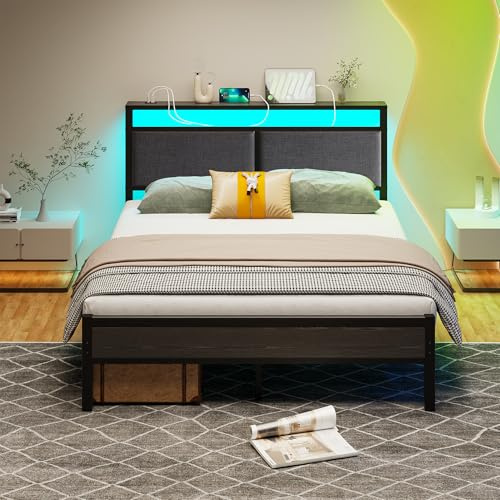 FOUBAM 4FT6 Small Double Bed Frame with Storage Headboard, Black