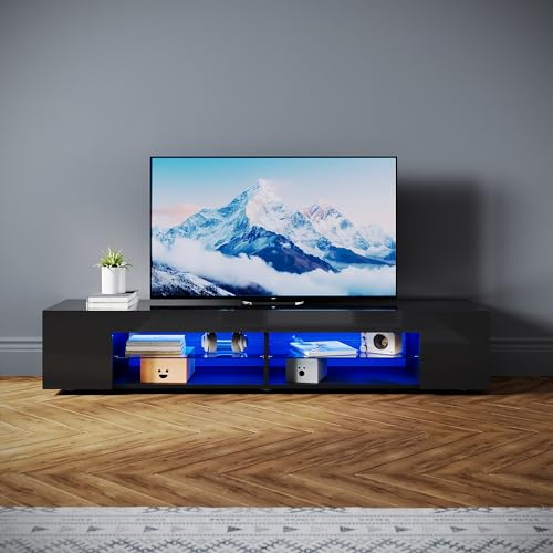 SONNI Lowboard med LED (16 färger) 160 x 39 x 30 cm glasgolv högglans svart
