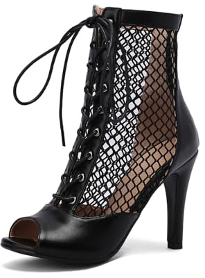 Uonpie Peep Toe Stivali 10cm Tacco in Scamosciata a Rete Scarpe da Ballo Latino Salsa Tango Bachata,Nero L,35EU