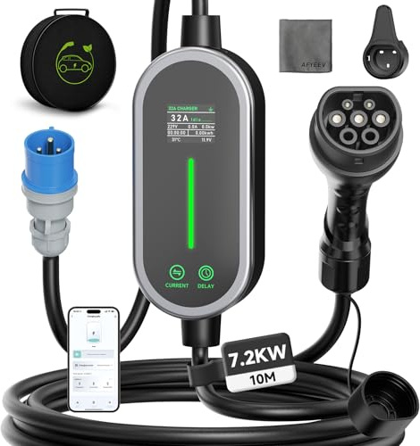 Cavo Ricarica Auto Elettrica Tipo 2, 7,2 kW/6-32A/10M Mobile Wallbox con App, Cavo Di Ricarica Schuko Portatile, 1-15H Funzione Timer e IP65 per EV PHEV IEC 62196-2