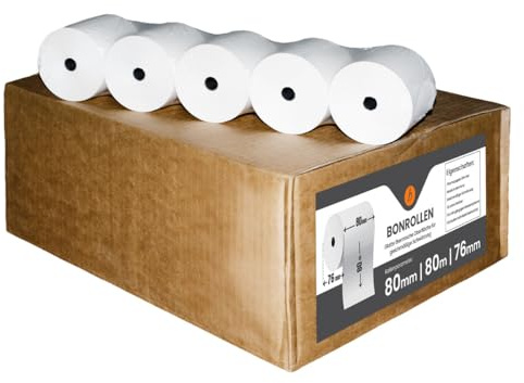 50 Stk. Thermorollen | 80x80x12 mm Ø76mm | Länge: 80 m | BPA frei | Kassenrollen für alle Kassensysteme Bonrollen Drucker | Thermopapier made in Germany | HUTNER