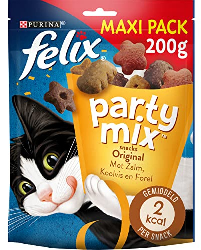 FELIX | Party Mix | Friandises pour Chat Adulte | Riches en protéines, vitamines, acides gras et oméga 6 | Sélection Mixte au goût irrésistible : Au Poulet, Au Foie, à la Dinde | Sac | Lot de 5 x 200g