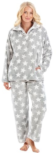 Camille Womens 2-Piece Super Soft Pyjama Set | Warm, Thick Fleece Full Length PJ Set, Top & Bottoms | Long Sleeves & Elastic Waist | Luxury Feel Comfy, Fluffy Loungewear for Women | Grey & White 14-16