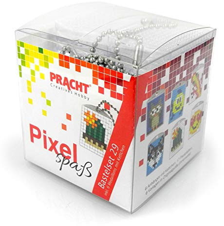 Pracht Creatives Hobby Pixel P90067-63501 Spaß Bastelset 29, zur Gestaltung von 6 Schlüsselanhängern für Kinder, kinderleichtes Stecksystem, ohne Bügeln und Kleben, Steinchen aus Biokunststoff