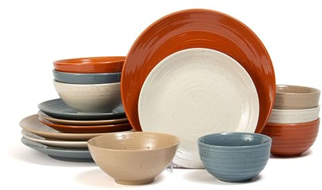 Sango Siterra Painter's Palette 16-Piece Stoneware Dinnerware Set - Service for 4, Ceramic Plates and Bowls Sets, Chip Resistant, Rustic Dishware, Microwave & Dishwasher Safe Kitchen Dishes