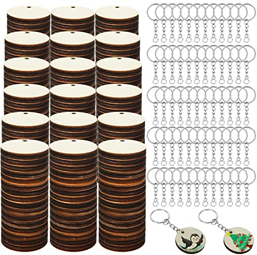 JMIATRY 200 Pcs Natural Wood Slices Keyrings, 35mm Predrilled Log Slices Wooden Circles, Thin Wooden Discs with Hole for Painting and Christmas Decorations
