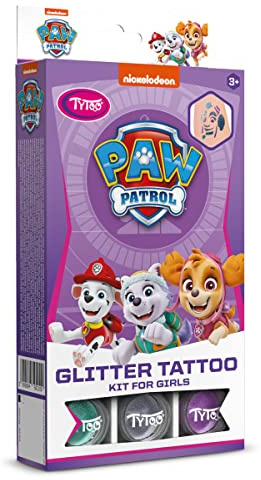 TyToo Paw Patrol glittertatueringsset för flickor – allergivänlig, tillverkad utan djurförsök – för 8–18 dagar, tillfälliga tatueringar