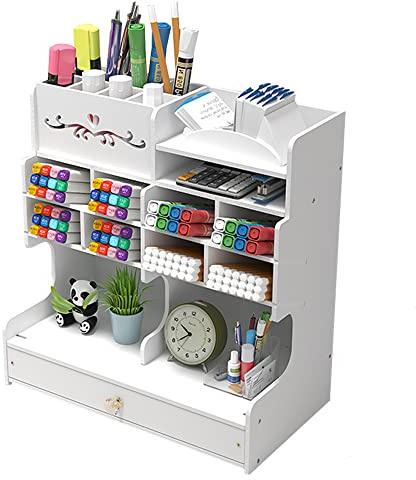 Hggzeg White Desk Organiser with Drawer, DIY Pencil Holder Desk Tidy Caddy Office Stationery Desktop Organizer for Home, Office and School(PB18-1 White)