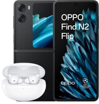 OPPO Find N2 Flip + Auriculares Enco Free2, Teléfono móvil Plegable, 8GB+256GB, 5G, Cámara 50+8 MP, Pantalla Externa Gigante, Batería 4300mAh, Cargá Rápida SuperVOOC 44W, Dual Nano SIM – Negro