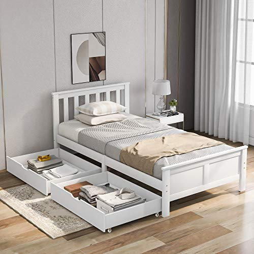 Merax Solid White Pine Storage Bed with Drawers - Bed Furniture Frame for Adults, Kids, Teenagers - 3ft Single (White 190x90cm)