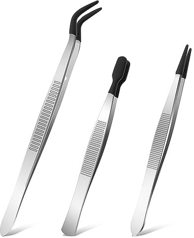 WLLHYF Juego de 3 pinzas con puntas de goma con revestimiento de silicona negra plana curvada y puntiaguda para manualidades de joyas, herramienta de pestañas, aplicador, adhesivo industrial