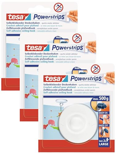 tesa Powerstrips Deckenhaken - Selbstklebender, drehbarer Haken in Weiß zum Aufhängen von Decken-Dekoration Powerstrips Large - Bis zu 500 g Halteleistung, (3er Pack)