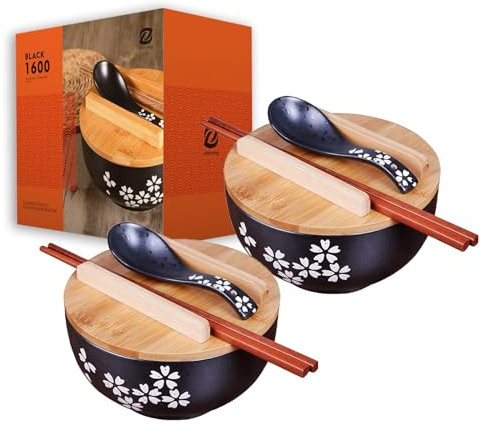Japanisches Ramen Schüssel 1000ML Keramik Suppenschüssel Schwarzes Ramen Bowl Set,Inkl. Stäbchen, Deckel und Löffel (2 set)