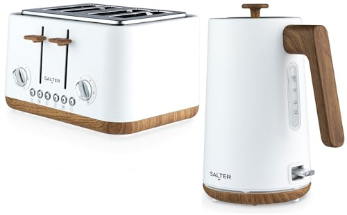 Salter COMBO-9134 Toronto Kettle and 4-Slice Toaster Set – 1.7 L Fast Boil Kettle With Limescale Filter, Wide Toasting Slots, High-Lift Eject, Wood Effect, 6 Browning Levels, 3000/1630 W, Matt White