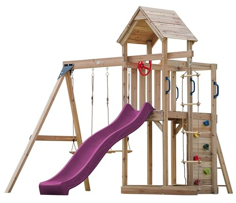 AXI Moos Casetta in Legno Bimbi Completa, 2 Altalene, Scivolo Viola, Scala di corda/Parco giochi all'aperto con Altalene/Sabbiera/Muro di Arrampicata | Casetta in legno da esterno su palafitte