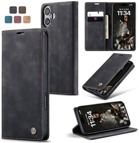 owlhold Coque iPhone 16 Housse Antichoc en Cuir PU Premium Fentes Cartes Etui Pochette de Portefeuille avec Fonction Support Case à Rabat pour iPhone 16 - Noir