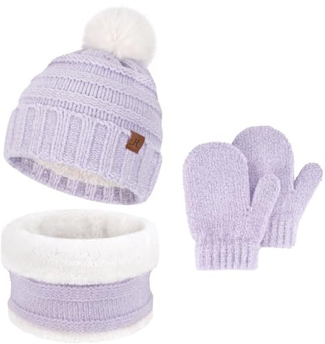 Winter Warm Kinder Beanie Mütze Loop Schal und Handschuhe Set, Mädchen Jungen Bommel Wintermütze Strickmütze Schlauchschal Fäustlinge mit Fleece Gefütterte für 2 3 4 5 6 Jahre Baby Kleinkind, Lila