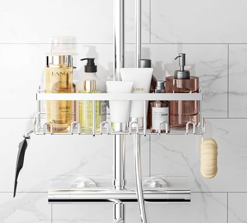 HouseUp Duschablage Ohne Bohren für Duschstange (NUR für RUNDE Stangen 19mm-25mm)- Duschregal Aufbewahrungsregal Edelstahl, Shampoo, Seifenhalter (Silber)