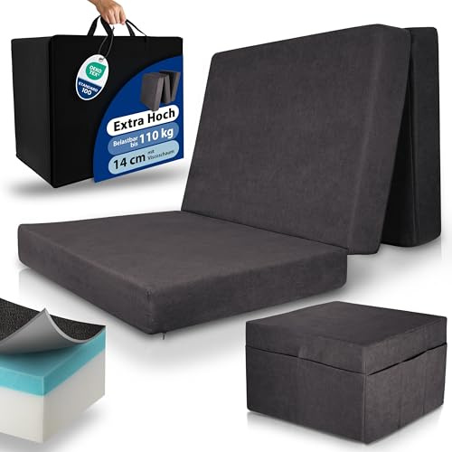 Beautissu Premium XL Materasso pieghevole 100x200 cm Letto per gli ospiti con coperchio – spessore extra 14 cm Materasso schiuma viscoelastica Livello rigidità H3 – lavabile Materasso – Antracite