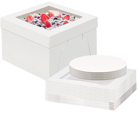 10 Sets Boite Gateau & Planche avec Fenêtre Transparent, Boîtes Gâteaux Hautes Blanche 25x25x20cm, Carton Transport Pâtisserie Carrée pour Emballage Biscuits, Beignets, Desserts Anniversaire